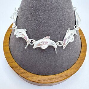 Puffed Dolphin Chain Bracelet Lobster Clasp Sterling Silver 925 Size 6.5" Length